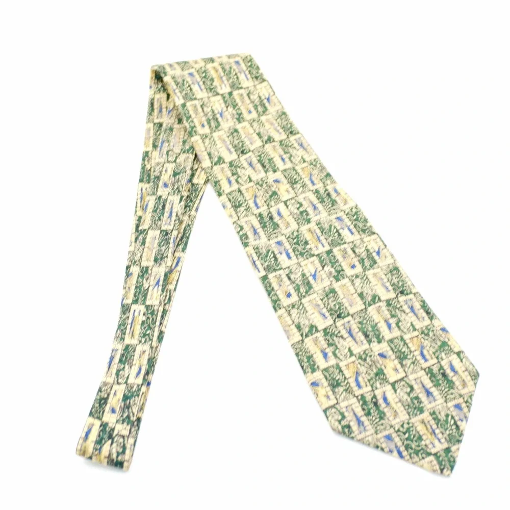 XMI Nordstrom Silk‎ Tie Green Tan Print Wide Geometric Abstract